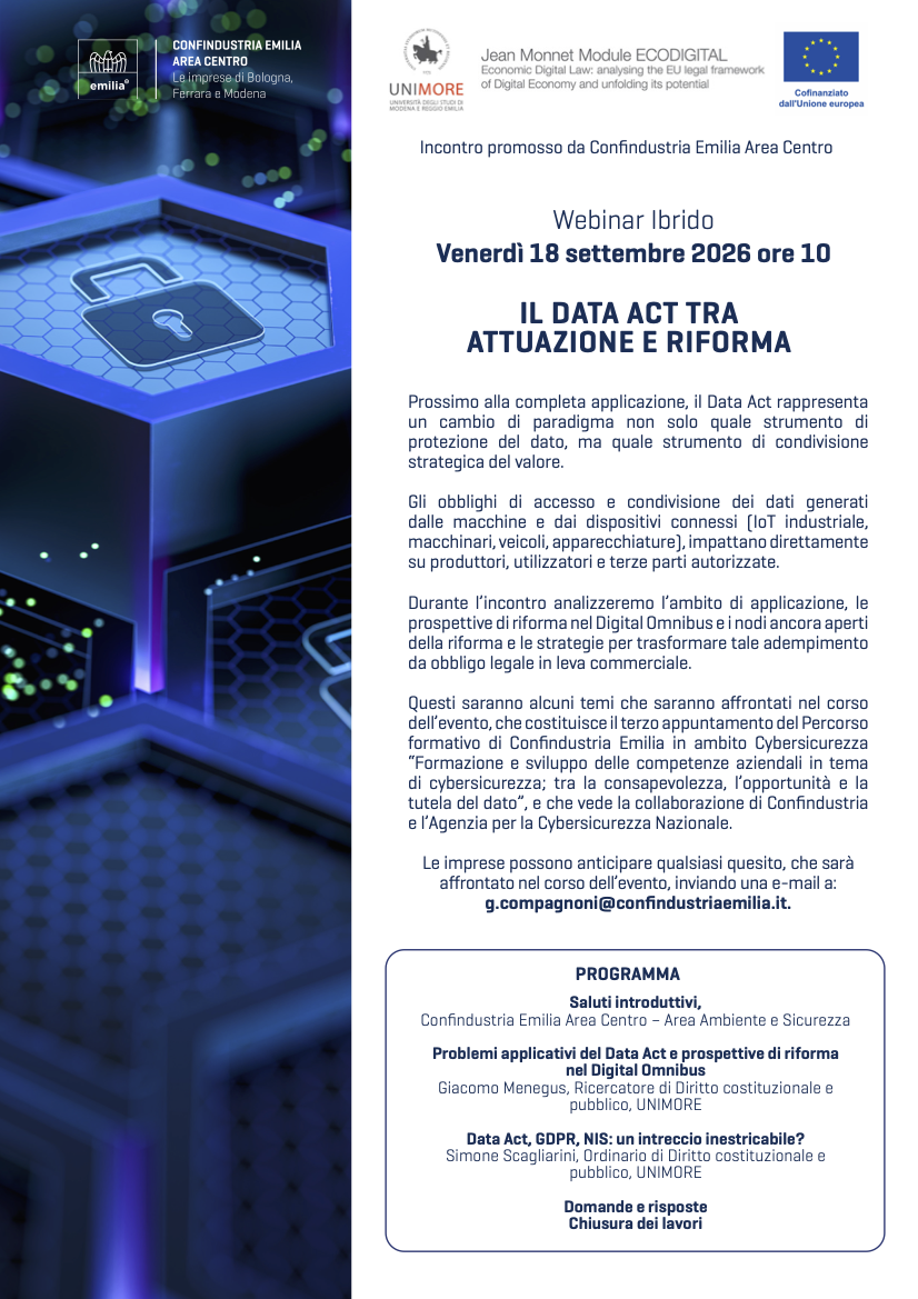 Locandina dell'incontro Il Data Act tra attuazione e riforma